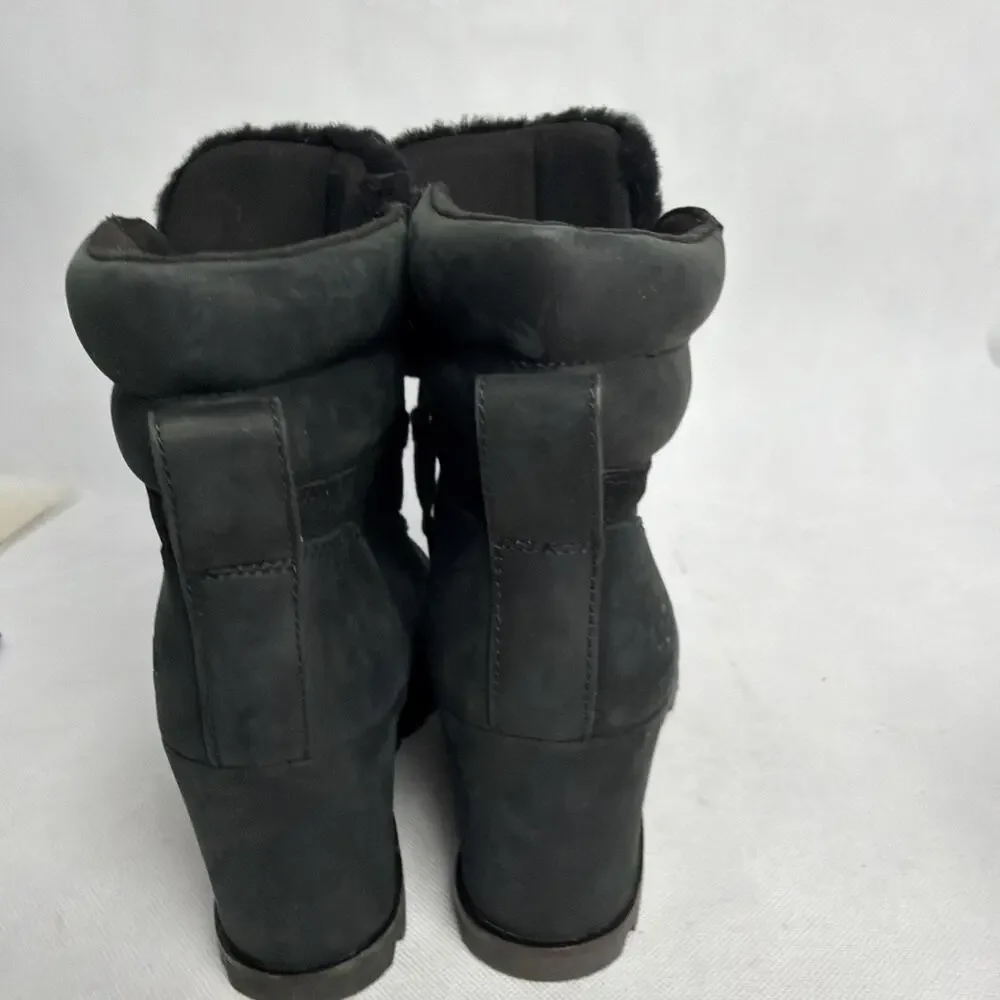 UGG Valory Black Suede & Leather Waterproof Wedge Lace up Ankle Booties Size 10